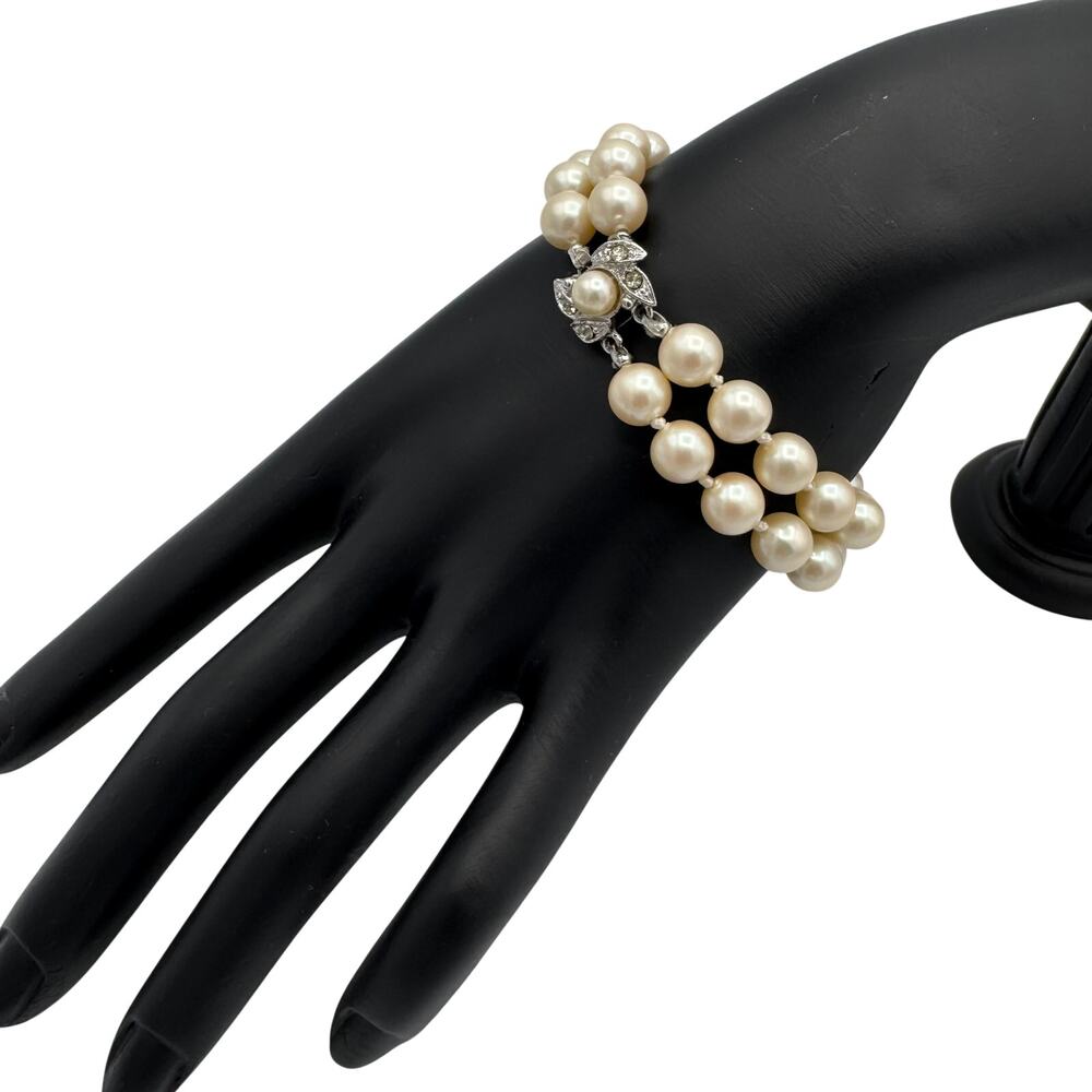 2-Strand Faux Pearl Bracelet Rhinestone Box Clasp Cream Bridal